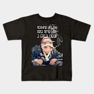 Puff Sumo: There's Nothing Like the First Time With a Great Cigar  on a dark (Knocked Out) background Kids T-Shirt